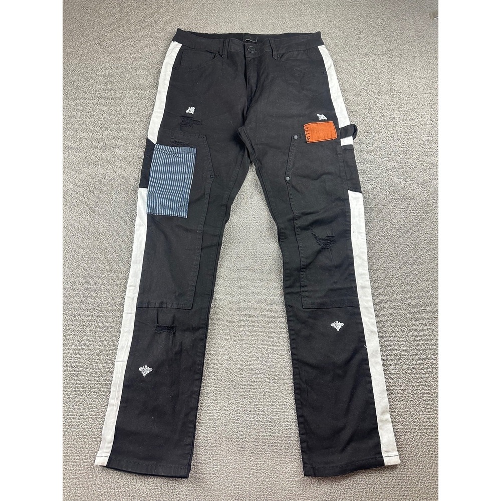 Reason Carpenter Jeans Men 34 Black Straight Distressed Striped Moth Streetwear
